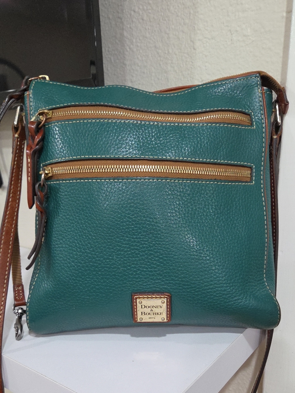 Dooney & Bourke Teal Pebbled Leather Crossbody with Tan Trim